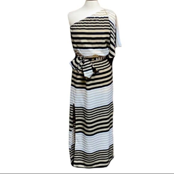 Mud Pie Black/Tan Bag Lady Striped Maxi 1 Shoulder - Picture 1 of 7